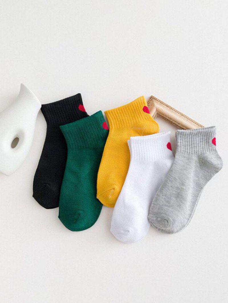 5 Pairs Heart Print Ribbed Ankle Socks