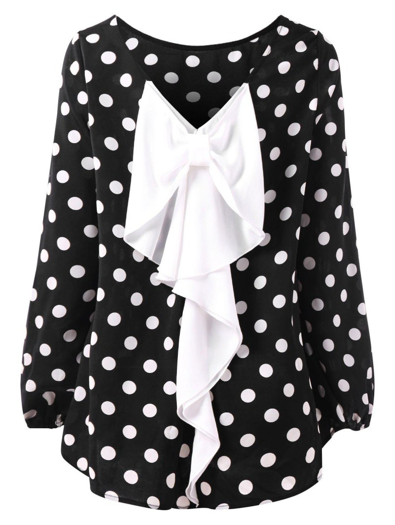 Back Bowknot Polka Dot Blouse