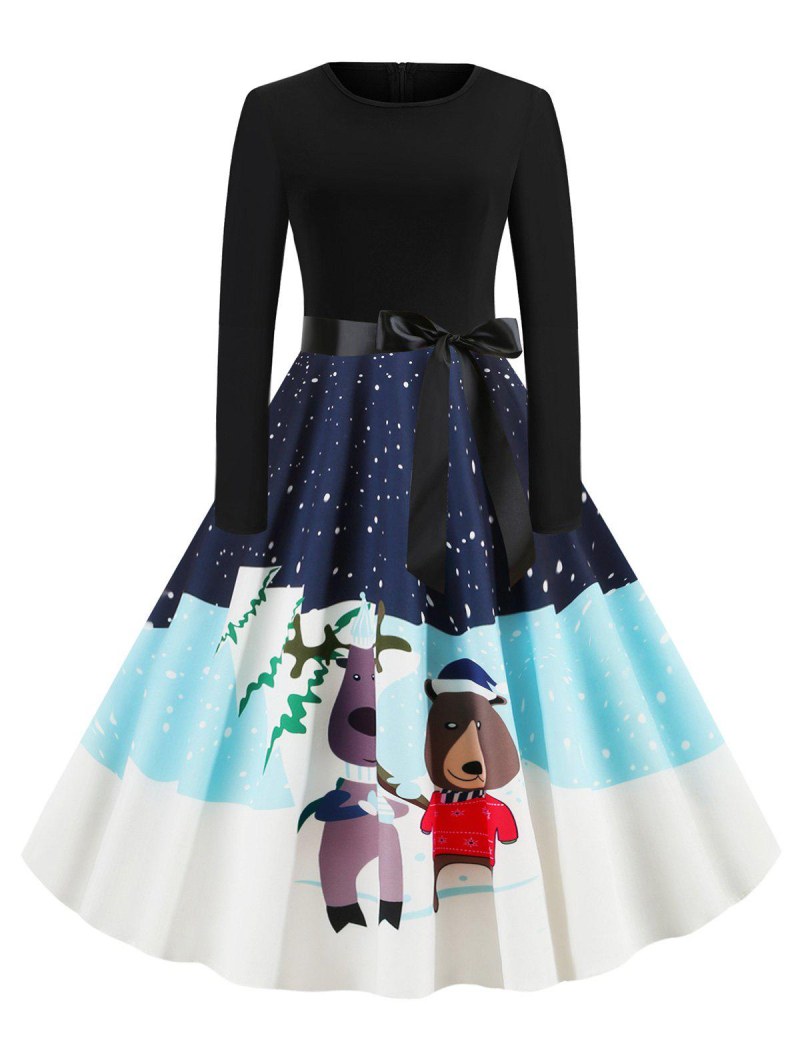 Belted Snowflake Elk Snowman Christmas Dress