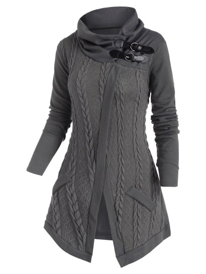 Buckle Closure Mix Knit Longline Cardigan