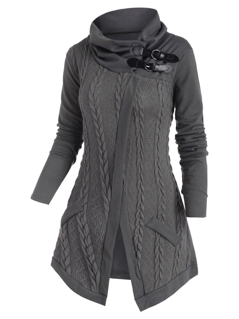 Buckle Closure Mix Knit Longline Cardigan