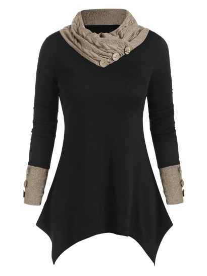 Buttons Cowl Neck Patched Asymmetric Top