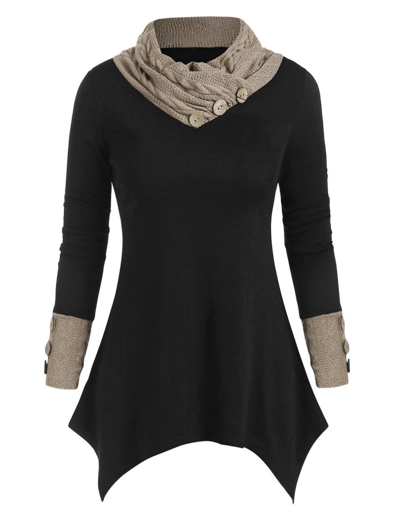 Buttons Cowl Neck Patched Asymmetric Top