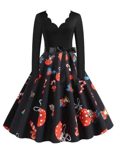 Christmas Berry Gift Santa Claus Print Scalloped Dress