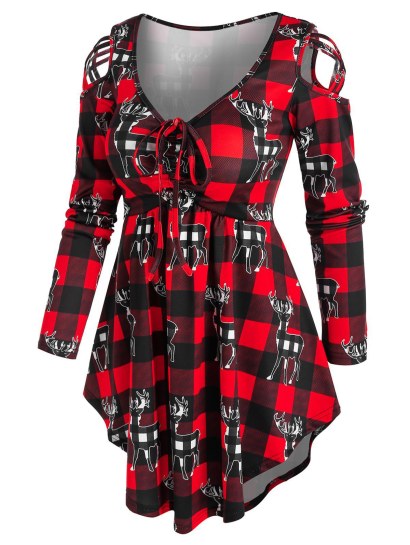 Christmas Elk Plaid Print Criss-cross Cinched T-shirt