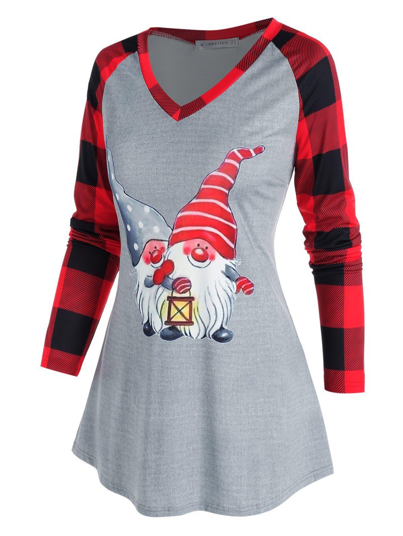 Christmas Raglan Sleeve Plaid Santa Claus Print T Shirt
