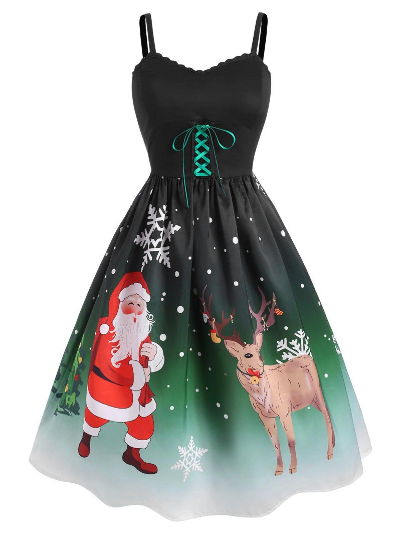 Christmas Santa Claus Cat Print Lace-up Lace Insert Dress
