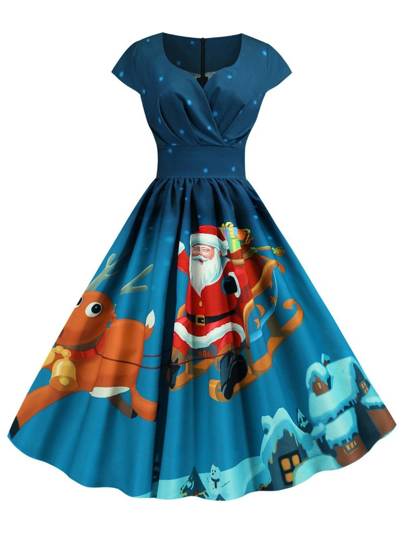 Christmas Santa Claus Elk Snowman Print Surplice Dress