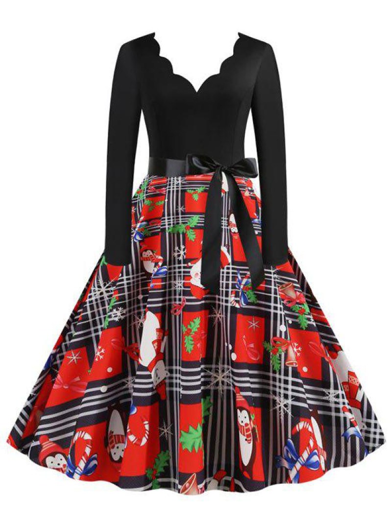 Christmas Santa Claus Plaid Scalloped Belted Dress