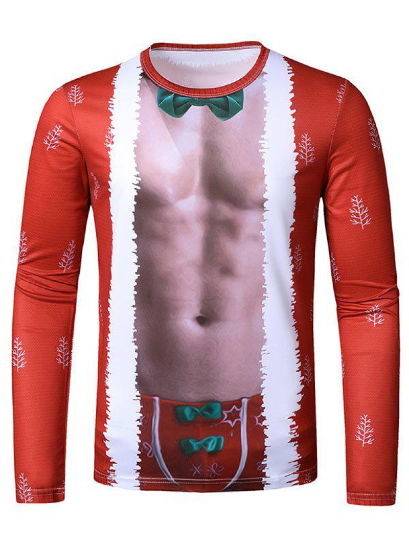 Christmas Santa Suit Chest Print Slim Crew Neck T Shirt