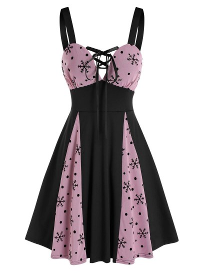 Christmas Snowflake Pattern Mesh Panel Sleeveless Lace-up Dress