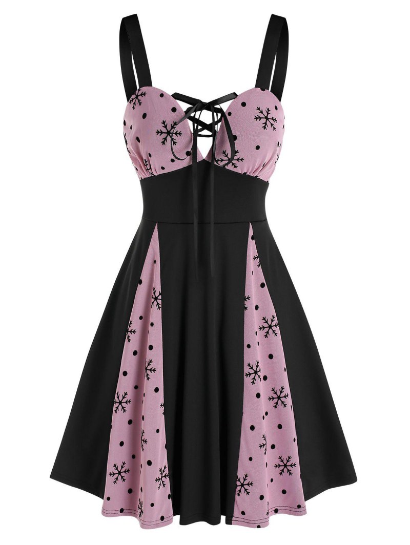 Christmas Snowflake Pattern Mesh Panel Sleeveless Lace-up Dress