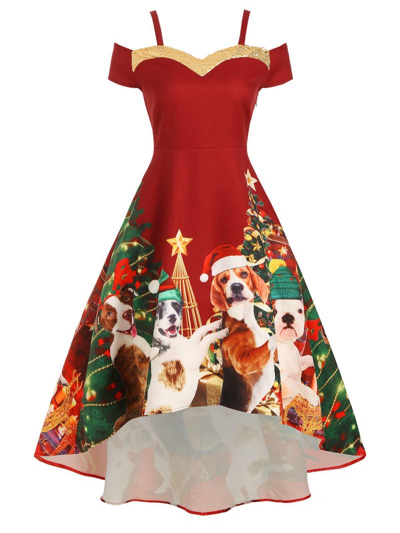 Christmas Tree Sequined Open Shoulder High Low Dress