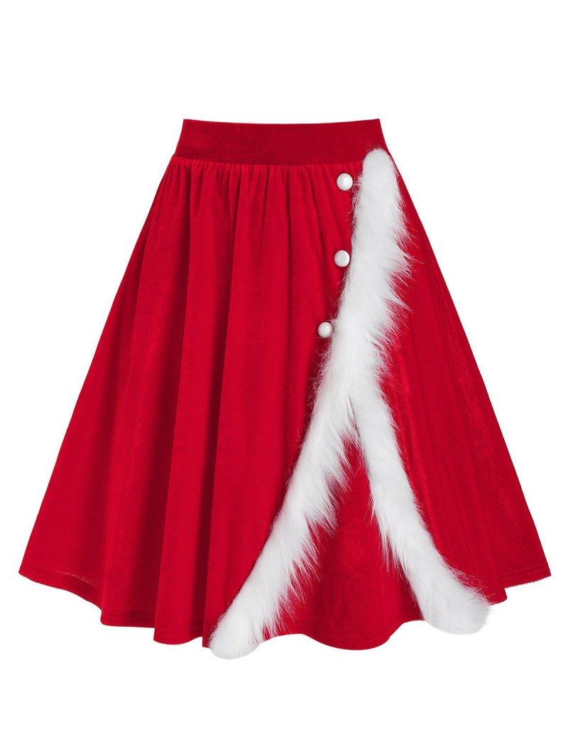 Christmas Velvet Faux Fur Insert Midi Skirt