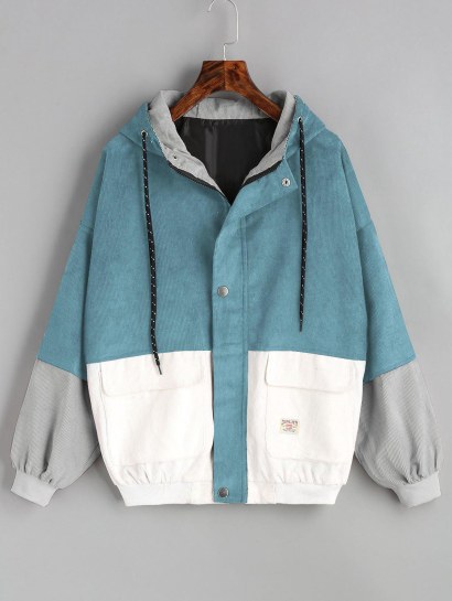 Color Block Hooded Corduroy Jacket