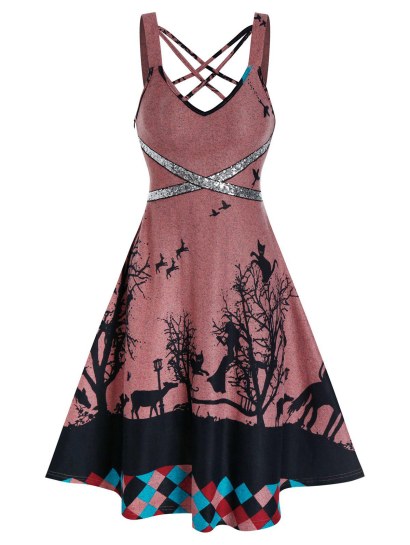Crisscross Sequins Tree Print Cami A Line Dress