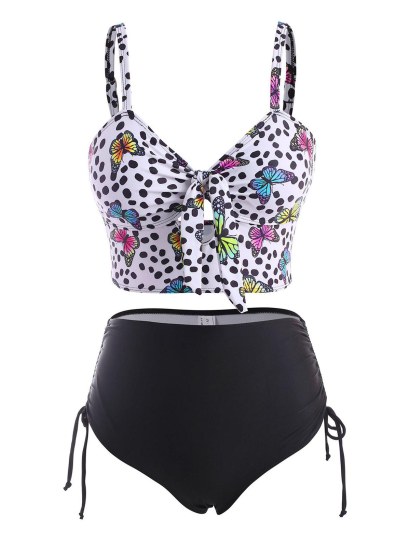 Dotted Butterfly Print Knot Cinched Ruched Tankini Swimwear