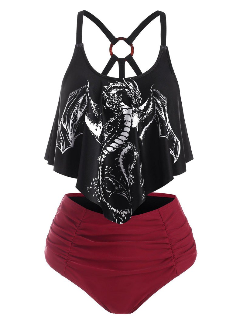 Dragon Print O Ring Strappy Ruched Tankini Swimwear