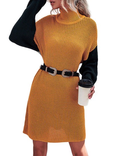 Drop Shoulder Color Blocking High Neck Sweater Dress