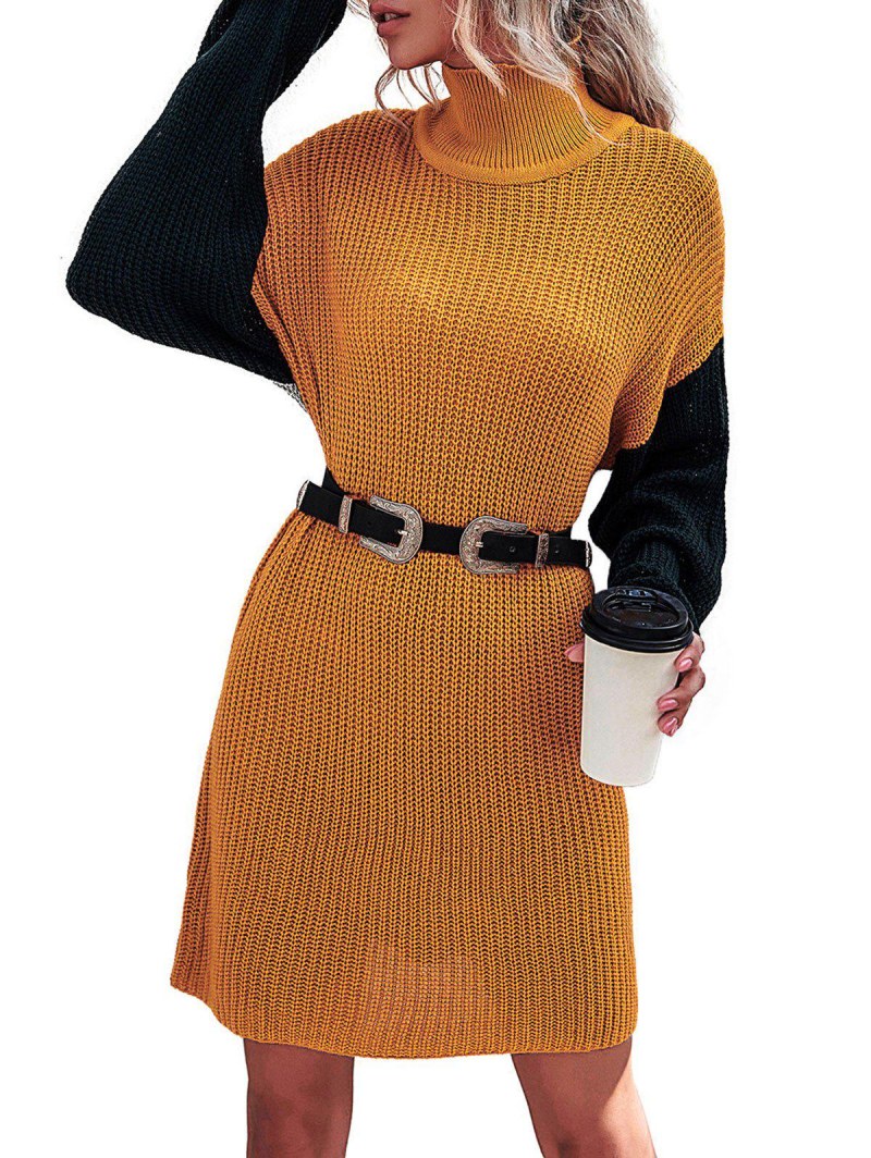 Drop Shoulder Color Blocking High Neck Sweater Dress