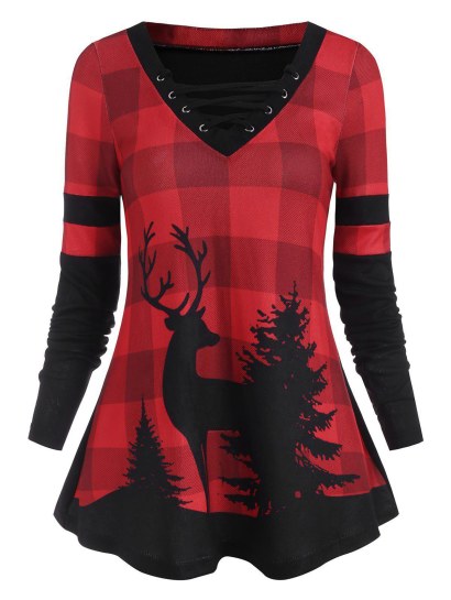 Elk Plaid Tree Print Lace Up Knitwear