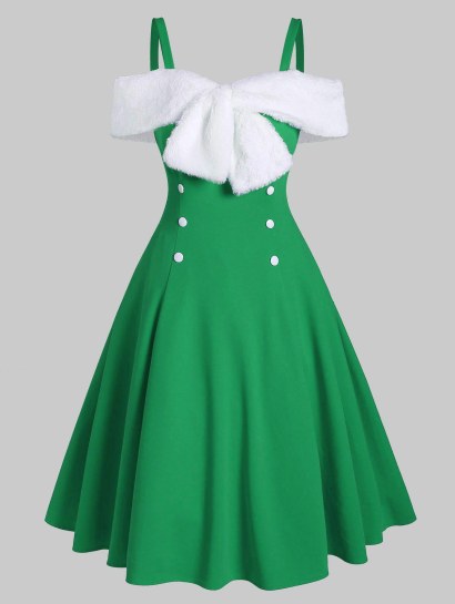 Faux Fur Insert Bowknot Cold Shoulder Button Embellished Dress