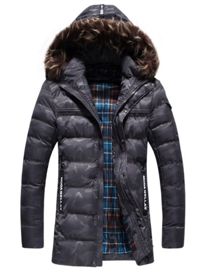 Faux Fur Trim Letter Camo Puffer Jacket