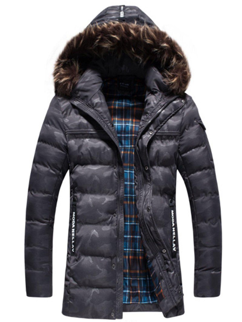 Faux Fur Trim Letter Camo Puffer Jacket