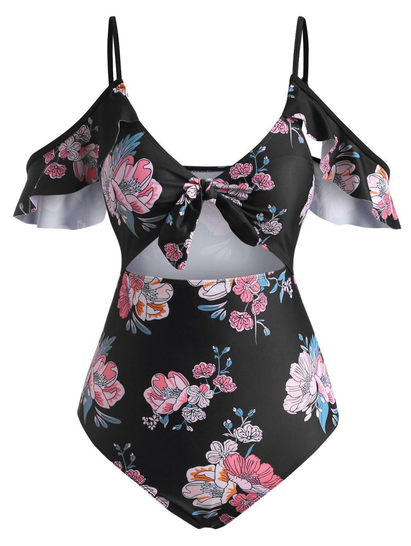 Floral Knot Cutout Ruffle One-piece Swimsuit
