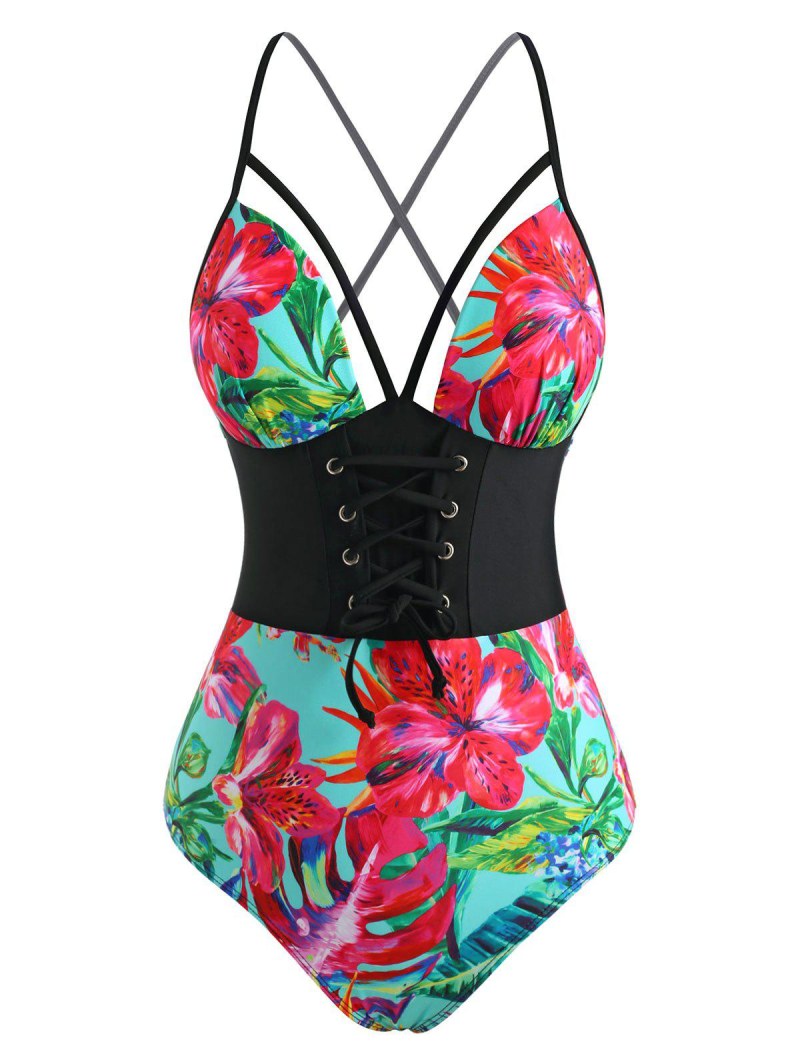 Floral Leaf Lace-up Moulded Cups Crisscross Back One-piece Swimsuit