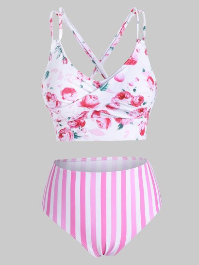 Floral Striped Twist Crisscross Tankini Swimwear