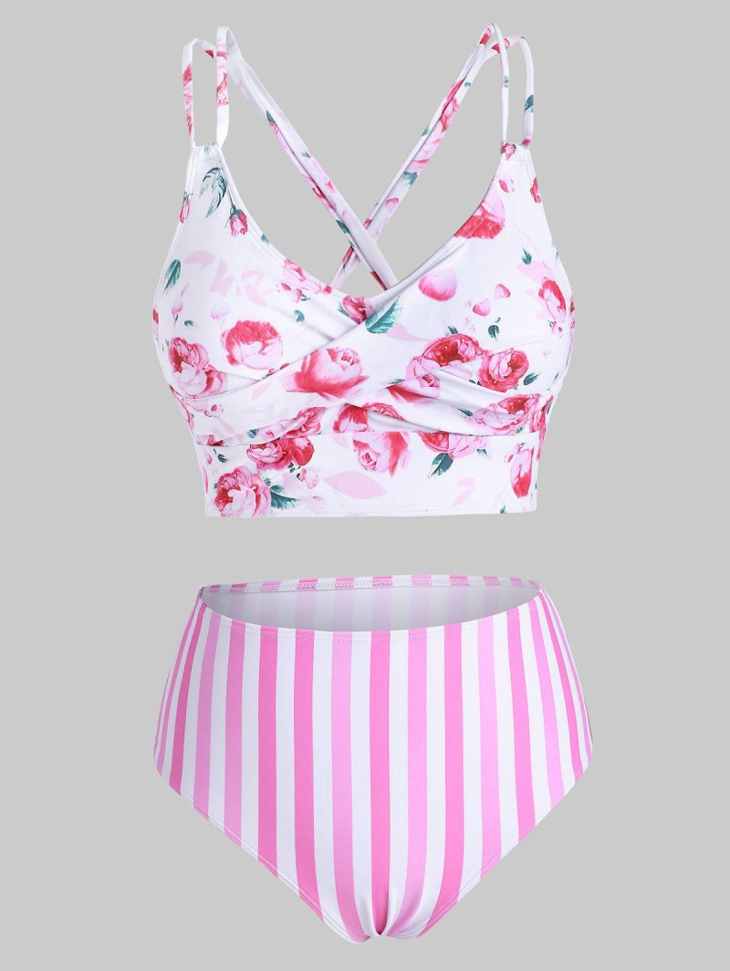 Floral Striped Twist Crisscross Tankini Swimwear