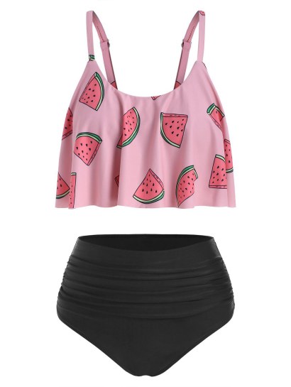 Flounce Overlay Watermelon Print Tummy Control Tankini Swimwear