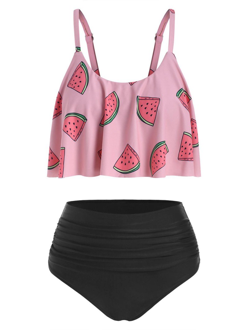 Flounce Overlay Watermelon Print Tummy Control Tankini Swimwear