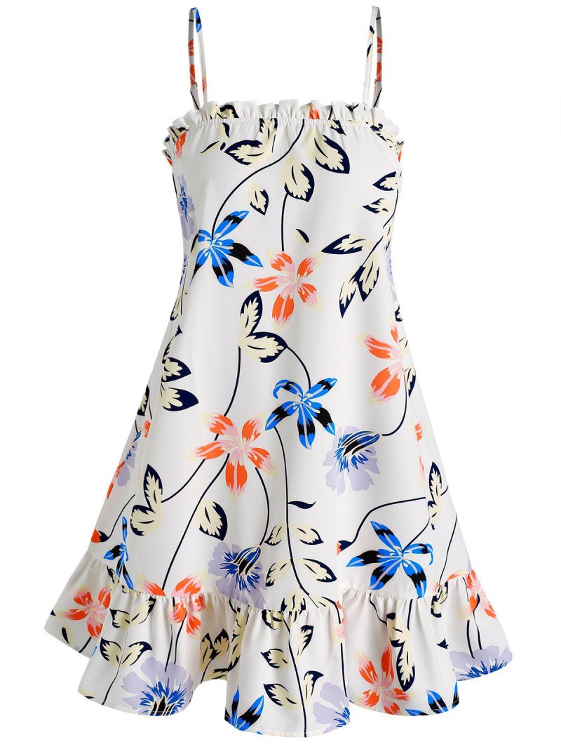 Flower And Leaves Print Flounced Cami Dress
