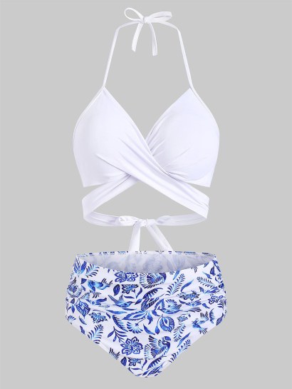 Flower Bird Pineapple Halter Criss Cross Tummy Control Bikini Swimwear