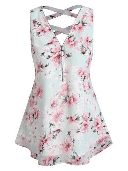 Flower Print Half Zip Criss-cross Chiffon Tank Top