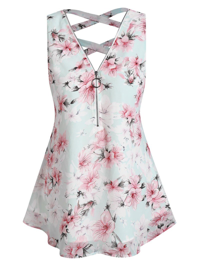 Flower Print Half Zip Criss-cross Chiffon Tank Top