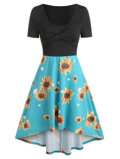 Front Knot Sunflower Print A Line Dress