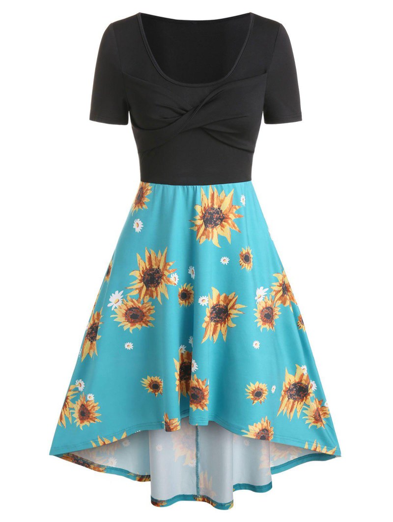 Front Knot Sunflower Print A Line Dress