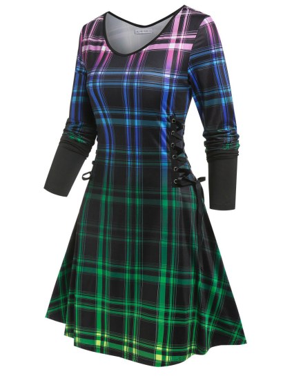 Gradient Plaid Print Lace Up Dress