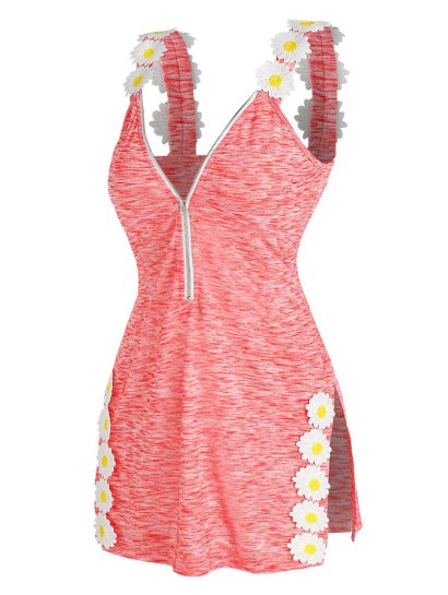 Half Zip Flower Embellished Side Slit Tank Top