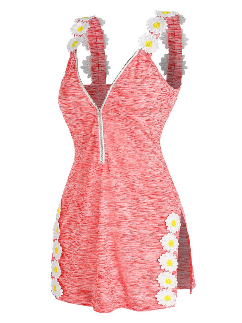 Half Zip Flower Embellished Side Slit Tank Top