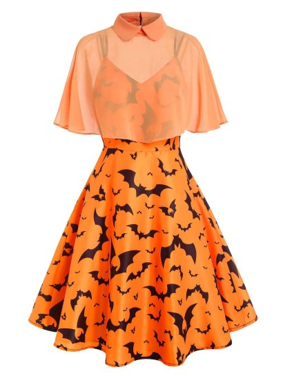 Halloween Bat Print Dual Strap Cape Dress