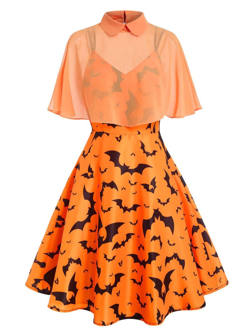 Halloween Bat Print Dual Strap Cape Dress
