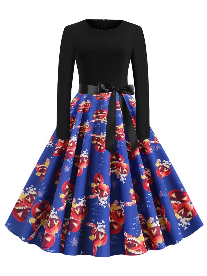 Halloween Pumpkin Long Sleeve Belted Dress