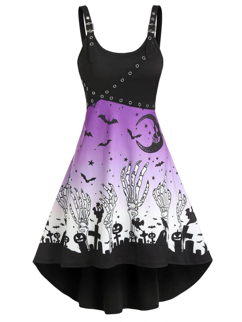 Halloween Pumpkin Skeleton Print Grommet Cami High Low Dress