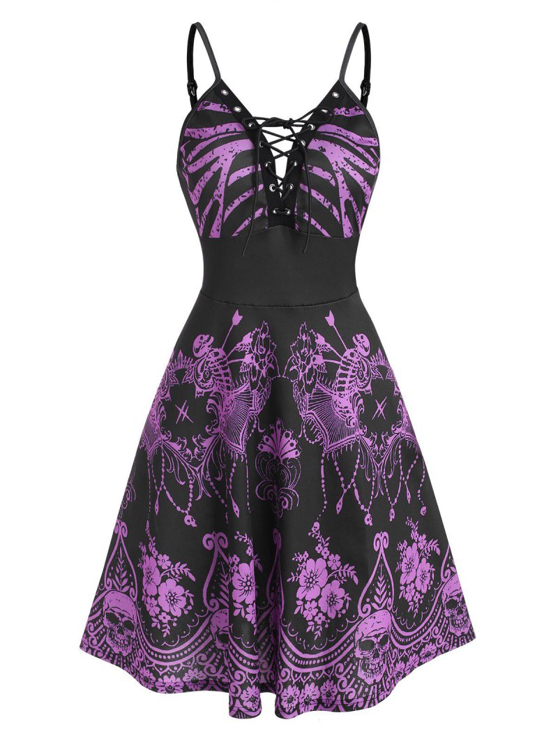 Halloween Skeleton Floral  Lace-up Cami Dress