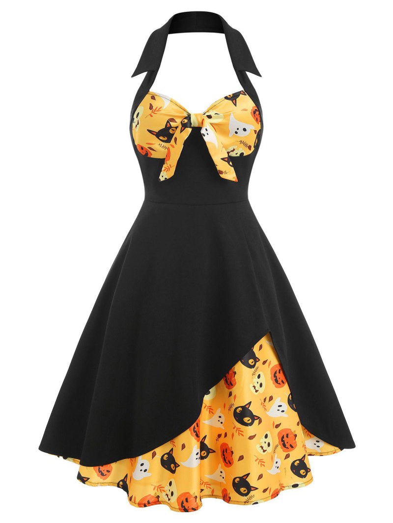 Halloween Skull Pumpkin Cat Print Bowknot Halter Dress