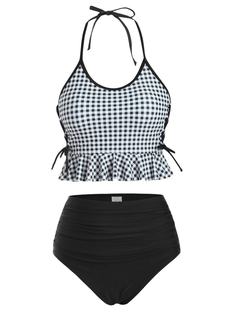 Halter Gingham Ruffle Lace-up Ruched Tankini Swimwear